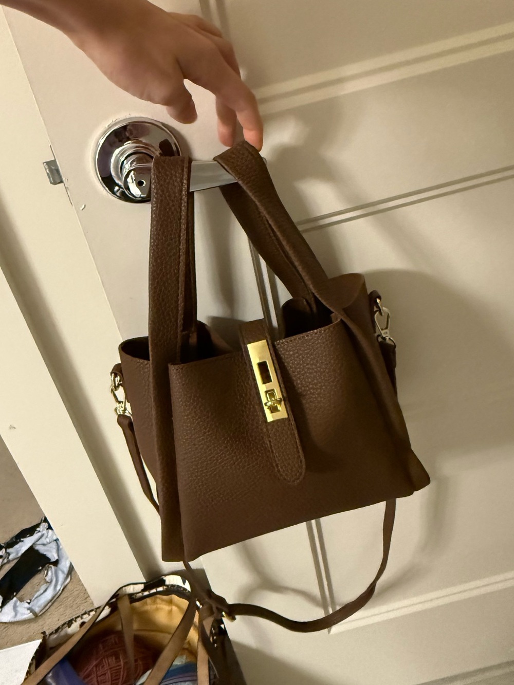 Brown Structured Tote Bag with Gold Hardware
